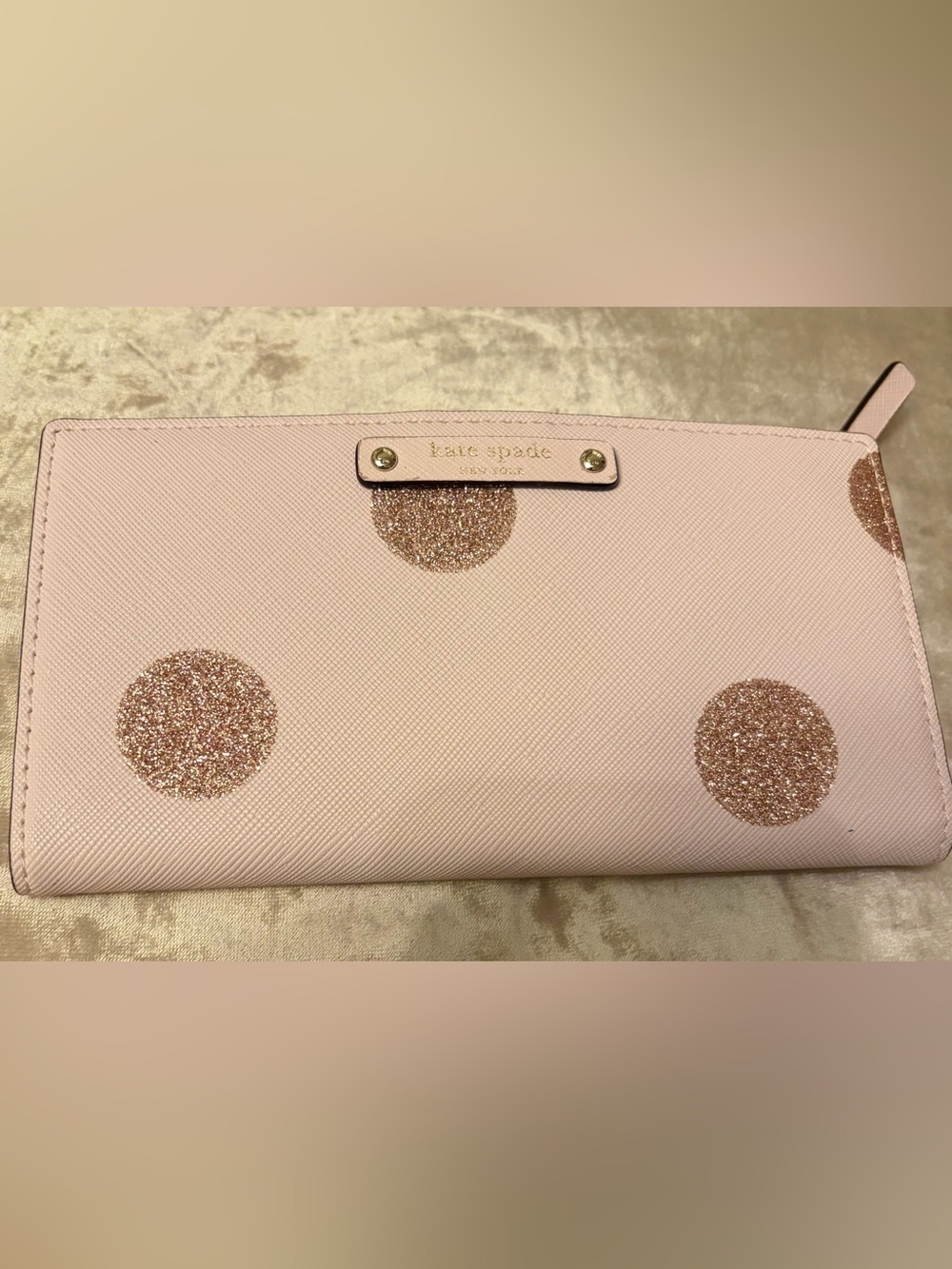 kate spade Pale Pink Wallet with Rose Gold Glitter Polka Dots